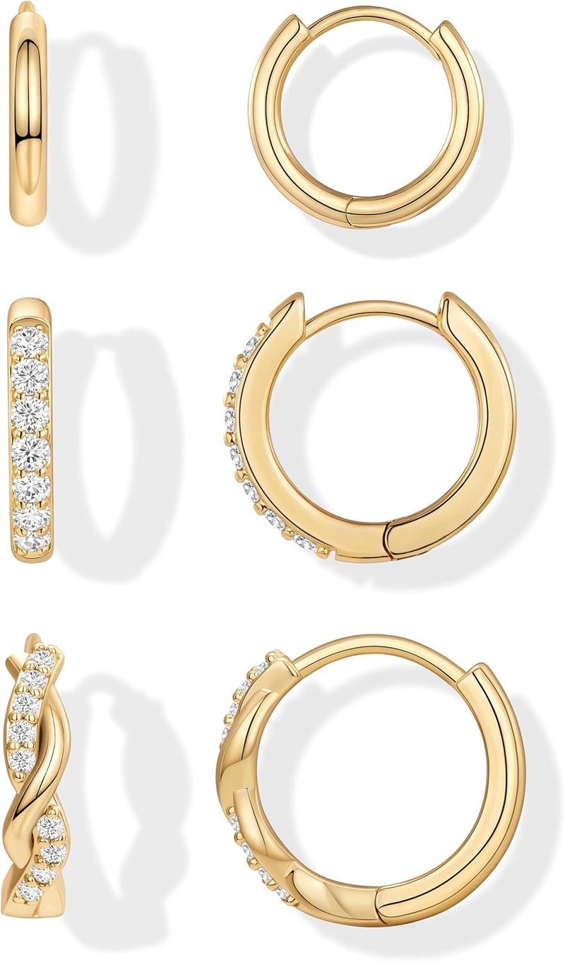 Inerney 14K Gold Plated Huggie Hoop Earrings for Women, Small Sterling Silver Earring Set Hypoallergenic Cartilage Helix Stacks, Mini Dainty Cute Trendy Birthstone Jewelry Gift for Multiple Piercings - Image 1